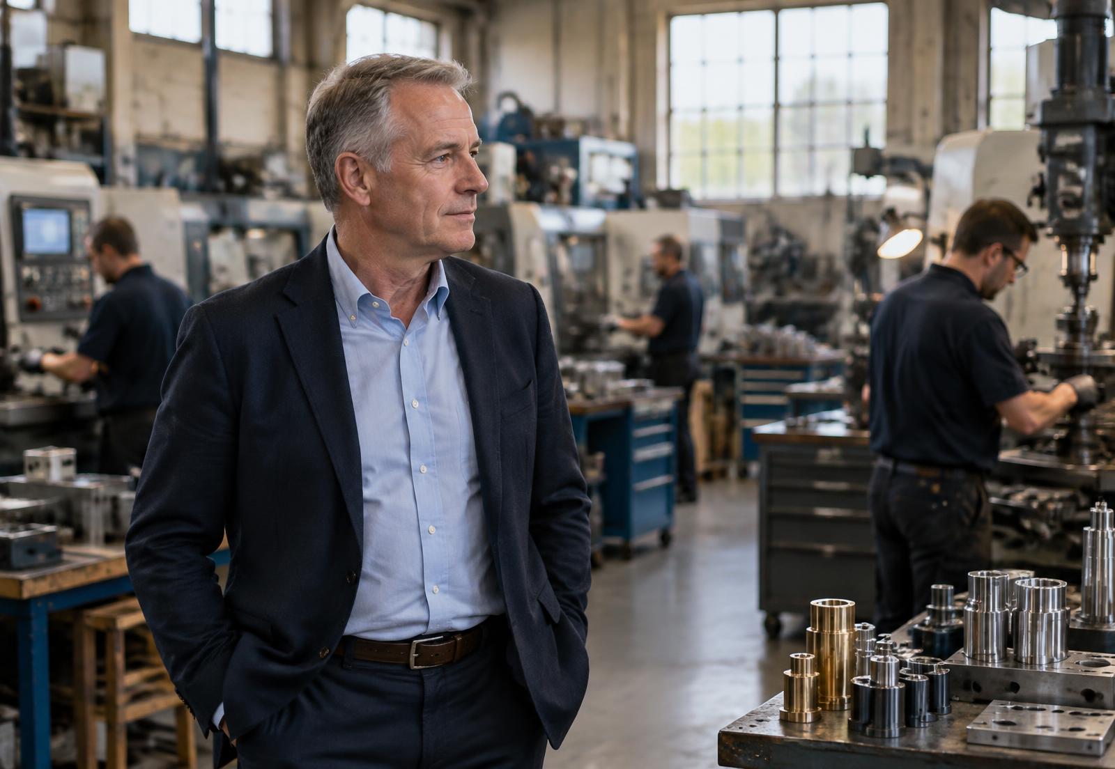 Business owner reflecting in his engineering workshop
